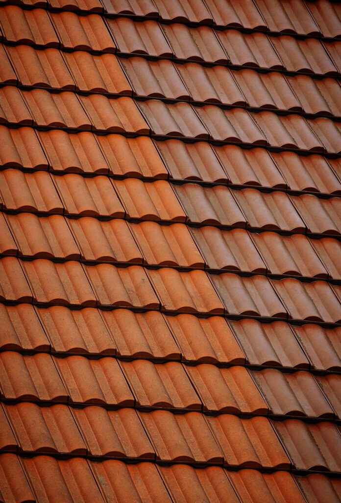 Detailed view of red clay roof tiles forming a repetitive pattern in warm sunlight.
